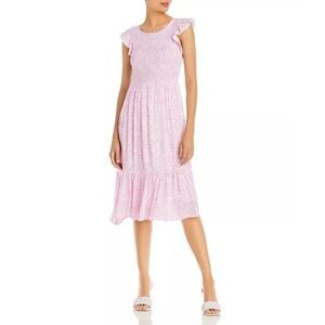 LOST + WANDER Lets Go to Paris Midi Dress Size Medium Floral Smocked Pink Casual